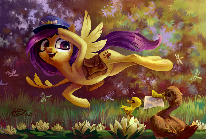 Size: 1753x1181 | Tagged: safe, artist:holivi, derpibooru import, oc, unofficial characters only, bird, dragonfly, duck, insect, pegasus, pony, animal, armpits, bag, complex background, digital art, female, flying, forest, image, jpeg, letter, lilypad, mare, nature, not fluttershy, open mouth, postman's hat, saddle bag, scenery, smiling, solo, spread wings, tree, waving, wings