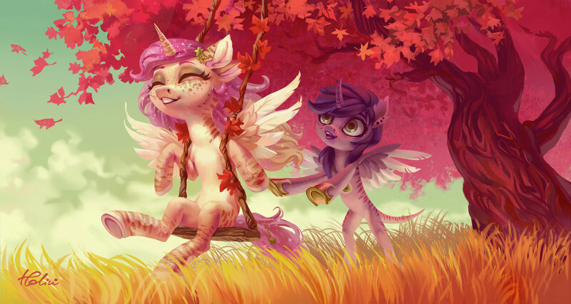 Size: 3543x1889 | Tagged: safe, artist:holivi, derpibooru import, oc, unofficial characters only, alicorn, pony, g4, alicorn oc, body markings, cloud, commission, cottagecore, eyes closed, female, horn, image, jpeg, mare, open mouth, signature, sky, smiling, stripes, tree, wings