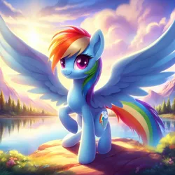 Size: 1024x1024 | Tagged: safe, ai content, derpibooru import, machine learning generated, rainbow dash, pegasus, pony, g4, cloud, image, looking at you, png, prompter:ponaiart, raised hoof, scenery, solo, spread wings, water, wings