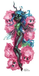 Size: 1757x3375 | Tagged: suggestive, artist:holivi, derpibooru import, queen chrysalis, oc, oc:fluffle puff, anthro, changeling, changeling queen, plantigrade anthro, g4, absolute cleavage, breasts, canon x oc, chrysipuff, cleavage, clothes, exoskeleton, female, image, jpeg, lesbian, looking at you, open mouth, plushie, ship:chrysipuff, shipping, signature, simple background, smiling, tongue out, white background