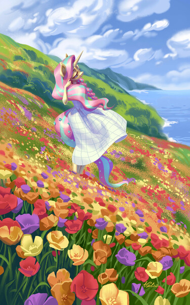 Size: 3500x5600 | Tagged: safe, artist:holivi, derpibooru import, oc, unofficial characters only, anthro, unicorn, beautiful, clothes, commission, dress, female, flower, flower field, flower in tail, horn, image, jpeg, scenery, solo, tail, water