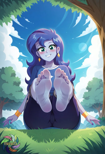 Size: 2496x3648 | Tagged: safe, ai content, derpibooru import, generator:civitai, machine learning generated, prompter:trux23, princess luna, human, equestria girls, g4, barefoot, feet, feet up, fetish, foot fetish, foot focus, grass, grass field, image, jpeg, looking at you, low angle, outdoors, sitting, sky, soles, solo, toes, tree, vice principal luna