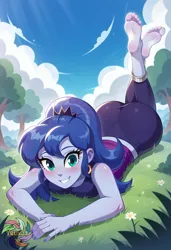 Size: 2496x3648 | Tagged: suggestive, ai content, derpibooru import, generator:civitai, machine learning generated, prompter:trux23, princess luna, human, equestria girls, g4, butt, feet, feet up, fetish, foot fetish, foot focus, grass, grass field, image, jpeg, looking at you, lying down, outdoors, sky, soles, solo, toes, vice principal luna