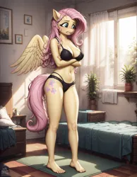 Size: 1664x2144 | Tagged: suggestive, ai content, derpibooru import, machine learning generated, stable diffusion, fluttershy, anthro, pegasus, plantigrade anthro, g4, arm under breasts, blushing, bra, breasts, busty fluttershy, clothes, crossed arms, female, gritted teeth, image, panties, png, prompter:neondash, solo, solo female, teeth, underwear, wings