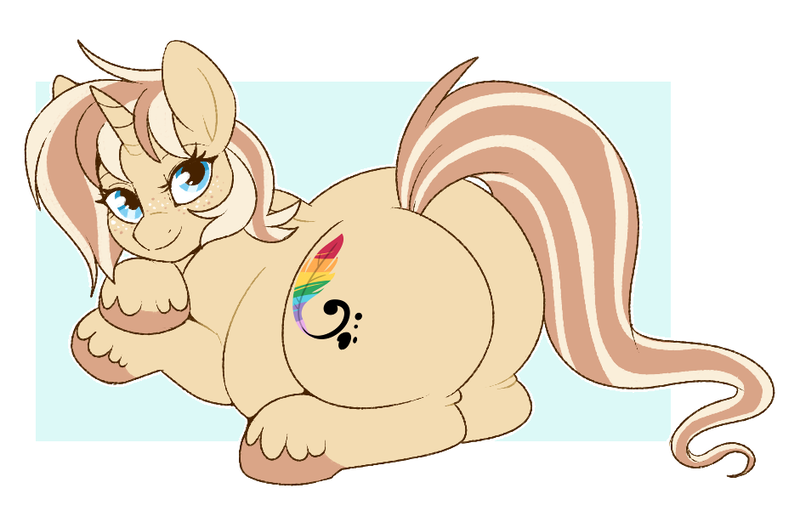 Size: 941x621 | Tagged: suggestive, artist:lulubell, derpibooru import, oc, oc:lulubell, unofficial characters only, pony, unicorn, butt, chubby, cute, female, freckles, horn, image, large butt, looking at you, mare, ocbetes, png, smiling, smiling at you, solo