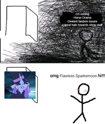 Size: 1718x2037 | Tagged: safe, artist:tamers12345, derpibooru import, oc, oc:flawless sparklemoon, unicorn, 2 panel comic, blushing, comic, drama, fandom, fusion, fusion:trixie, fusion:twilight sparkle, fusion:twixie, hat, horn, image, laughing, meme, meta, my little pony the movie: the death of twilight sparkle, omg hi, png, stick figure