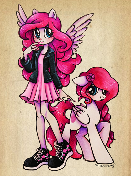 Size: 2239x3013 | Tagged: safe, artist:dariarchangel, derpibooru import, oc, unofficial characters only, human, pegasus, pony, equestria girls, g4, black leather jacket, blue eyes, braid, clothes, commission, cute, dress, equestria girls oc, equestria girls-ified, equestria girls-ified oc, female, floppy ears, flower, flower in hair, folded wings, humanized, humanized oc, image, jacket, jewelry, leather, leather jacket, long hair, long mane, long tail, looking down, mare, nail polish, ocbetes, pegasus oc, pink dress, pink hair, pink mane, pink tail, png, ponied up, raised hoof, ring, self paradox, shoes, shy, shy smile, simple background, slender, smiling, sneakers, solo, spread wings, standing, tail, thin, thin legs, traditional art, white coat, wings