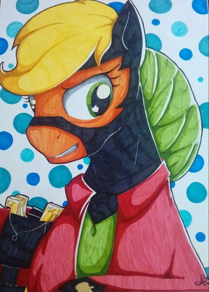 Size: 800x1114 | Tagged: safe, artist:fleiiha, derpibooru import, applejack, mistress marevelous, earth pony, pony, g4, apple family member, drawing, female, image, jpeg, mare, marker drawing, markers, power ponies, solo, traditional art