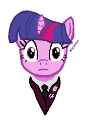 Size: 330x460 | Tagged: safe, derpibooru import, twilight sparkle, unicorn, bust, clothes, cutie mark, eyes open, horn, image, jpeg, mlp fim's fourteenth anniversary, ms paint, necktie, simple background, solo, stare, suit, unicorn twilight, wide eyes