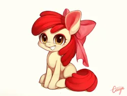 Size: 1181x894 | Tagged: safe, artist:ciciya, derpibooru import, apple bloom, earth pony, pony, g4, adorabloom, blank flank, colored ears, cute, female, grin, image, jpeg, pixiv, signature, simple background, sitting, smiling, solo, white background