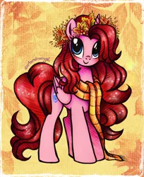 Size: 2250x2759 | Tagged: safe, artist:dariarchangel, derpibooru import, oc, oc:ruby shine, alicorn, pony, g4, abstract background, alicorn oc, alicorn wings, autumn, autumn leaves, beautiful, blue eyes, blushing, c:, clothes, commission, cute, cute face, cute smile, female, female oc, folded wings, horn, image, leaf, leaves, long hair, long mane, long scarf, long tail, maple leaf, mare, ocbetes, pink coat, png, pony oc, pretty, princess oc, red hair, red mane, red tail, scarf, smiling, solo, standing, tail, traditional art, wings