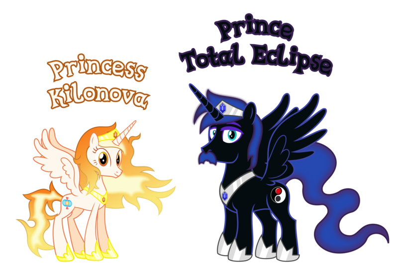 Size: 6677x4532 | Tagged: safe, anonymous artist, derpibooru import, oc, oc:prince total eclipse, oc:princess kilonova, unofficial characters only, alicorn, pony, g4, absurd resolution, alicorn oc, closed mouth, cousins, crown, eyebrows, eyelashes, eyes open, facial hair, family, female, hoof shoes, horn, image, jewelry, looking, looking at you, looking back, looking back at you, male, mare, name, nostrils, offspring, parent:oc:prince magnetar superstar, parent:oc:prince umbra shadowmoon, parent:oc:princess pulsar superstar, parent:oc:princess umbra bloodmoon, parents:superstarcest, parents:umbracest, png, prince, princess, product of incest, regalia, royalty, show accurate, simple background, smiling, smiling at you, spread wings, stallion, text, transparent background, vector, wall of tags, wings