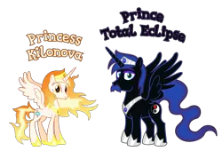 Size: 6677x4532 | Tagged: safe, anonymous artist, derpibooru import, oc, oc:prince total eclipse, oc:princess kilonova, unofficial characters only, alicorn, pony, g4, absurd resolution, alicorn oc, closed mouth, cousins, crown, eyebrows, eyelashes, eyes open, facial hair, family, female, hoof shoes, horn, image, jewelry, looking, looking at you, looking back, looking back at you, male, mare, name, nostrils, offspring, parent:oc:prince magnetar superstar, parent:oc:prince umbra shadowmoon, parent:oc:princess pulsar superstar, parent:oc:princess umbra bloodmoon, parents:superstarcest, parents:umbracest, png, prince, princess, product of incest, regalia, royalty, show accurate, simple background, smiling, smiling at you, spread wings, stallion, text, transparent background, vector, wall of tags, wings