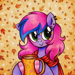 Size: 2792x2792 | Tagged: safe, artist:dariarchangel, derpibooru import, oc, unofficial characters only, earth pony, pony, g4, abstract background, adorable face, autumn, autumn leaves, blushing, bust, c:, chocolate, clothes, colored hooves, commission, cozy, cute, cute face, cute smile, ear piercing, earring, earth pony oc, female, food, green eyes, hoof hold, hooves, hot chocolate, image, jewelry, leaf, leaves, maple leaf, mare, mug, ocbetes, patterned background, piercing, pink hair, pink mane, png, portrait, pretty, purple coat, scarf, smiling, solo, stars, sweet dreams fuel, traditional art, two toned hair, two toned mane