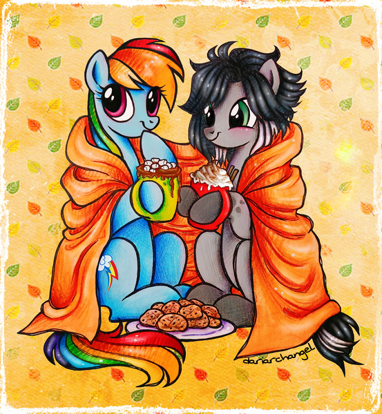 Size: 2492x2704 | Tagged: safe, artist:dariarchangel, derpibooru import, rainbow dash, oc, pegasus, pony, g4, abstract background, blanket, blue coat, chocolate, chocolate chip cookie, coat markings, commission, cookie, covered wings, cozy, cute, daaaaaaaaaaaw, dashabetes, duo, duo female, female, female oc, food, gray coat, green eyes, hoof hold, hot chocolate, image, looking at someone, looking up, mare, marshmallow, mug, multicolored hair, patterned background, pegasus oc, plate, png, pony oc, rainbow hair, rainbow tail, short hair, short mane, short tail, sitting, smiling, sweet dreams fuel, tail, under blanket, weapons-grade cute, whipped cream, wings