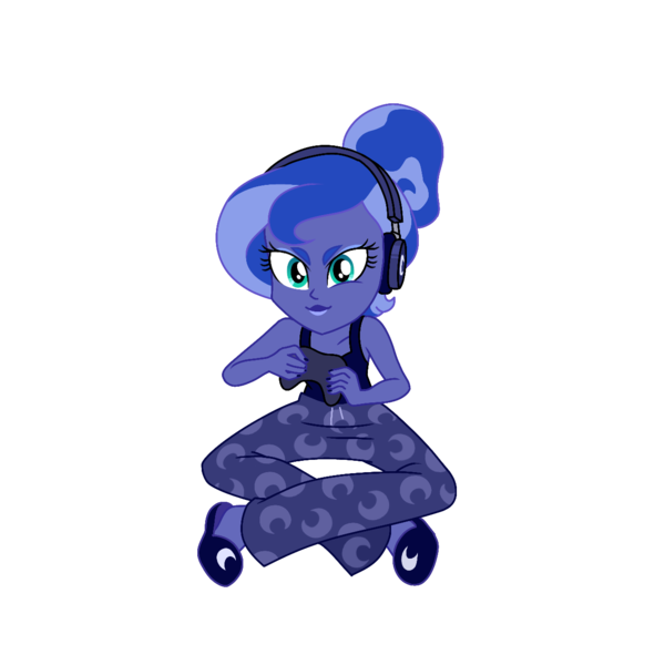 Size: 1280x1280 | Tagged: safe, artist:dazzle, derpibooru import, princess luna, gamer luna, equestria girls, g4, clothes, controller, hair bun, headphones, image, pajamas, png, simple background, slippers, solo, tanktop, transparent background, vice principal luna