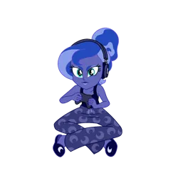 Size: 1280x1280 | Tagged: safe, artist:dazzle, derpibooru import, princess luna, gamer luna, equestria girls, g4, clothes, controller, hair bun, headphones, image, pajamas, png, simple background, slippers, solo, tanktop, transparent background, vice principal luna