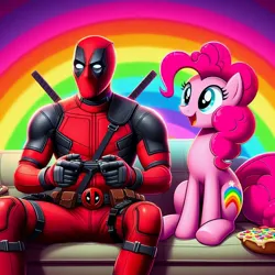 Size: 1024x1024 | Tagged: safe, ai content, derpibooru import, machine learning generated, prompter:bluey2309, pinkie pie, earth pony, human, g4, controller, deadpool, female, image, jpeg, male, marvel, rainbow, video game, wrong cutie mark