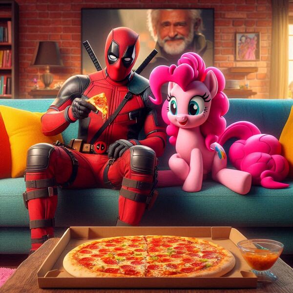 Size: 1024x1024 | Tagged: safe, ai content, derpibooru import, machine learning generated, prompter:bluey2309, pinkie pie, earth pony, human, g4, deadpool, female, food, image, jpeg, male, marvel, pizza, wrong cutie mark