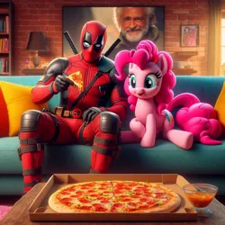 Size: 1024x1024 | Tagged: safe, ai content, derpibooru import, machine learning generated, prompter:bluey2309, pinkie pie, earth pony, human, g4, deadpool, female, food, image, jpeg, male, marvel, pizza, wrong cutie mark