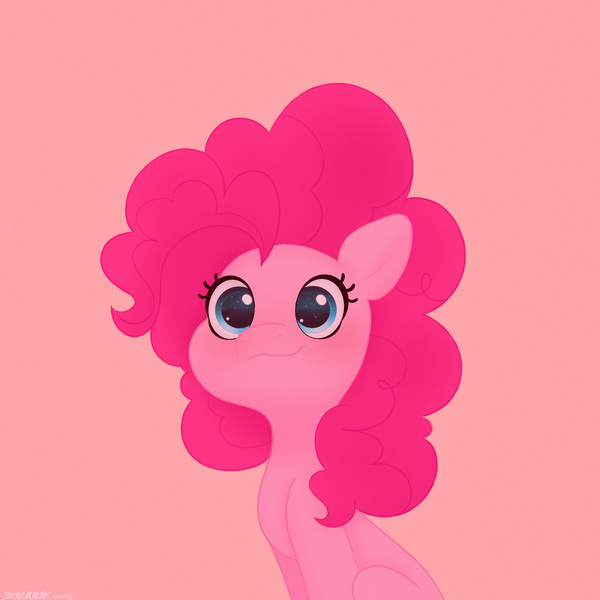 Size: 2480x2480 | Tagged: safe, artist:starburstuwu, derpibooru import, pinkie pie, earth pony, pony, g4, blushing, cute, diapinkes, female, high res, image, jpeg, looking at you, mare, pink background, simple background, sitting, smiling, smiling at you, solo