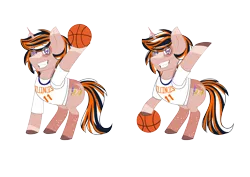 Size: 7014x4962 | Tagged: safe, artist:faithstar1121, derpibooru import, oc, oc:brass scribe, unicorn, alternate color palette, basketball, clothes, dee brown, fighting illini, horn, illinois, image, jersey, multicolored hair, ncaa, png, sports, university of illinois