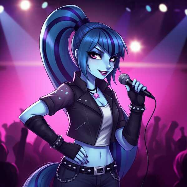 Size: 1024x1024 | Tagged: safe, ai content, derpibooru import, generator:google imagen 3.0, machine learning generated, prompter:zerowinger, sonata dusk, equestria girls, g4, clothes, denim, female, hand on hip, image, indoors, jacket, jeans, jpeg, leather, leather jacket, long hair, microphone, midriff, pants, singing, smiling, solo, studded belt, studded bracelet