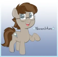 Size: 1324x1286 | Tagged: safe, artist:heretichesh, derpibooru import, oc, oc:nomenclature, unofficial characters only, earth pony, pony, colt, cutie mark, earth pony oc, foal, glasses, image, male, png, raised hoof, solo