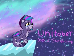 Size: 1080x810 | Tagged: safe, artist:shucku, derpibooru import, big cat, cat, leopard, snow leopard, g5, allura, aq bars, aurora borealis, crying, image, kitten allura, night, night sky, png, sad, sky, stargazing, unitober 2024