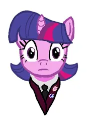 Size: 330x460 | Tagged: safe, artist:1611volk, derpibooru import, twilight sparkle, unicorn, alternate hairstyle, businessmare, bust, clothes, cutie mark, cutie mark on clothes, eyes open, horn, image, jpeg, mlp fim's fourteenth anniversary, ms paint, necktie, simple background, solo, stare, suit, unicorn twilight, wide eyes