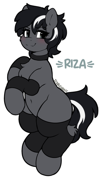 Size: 1331x2280 | Tagged: safe, artist:stablegrass, derpibooru import, oc, oc:riza, earth pony, pony, belly, belly button, blushing, chest fluff, choker, clothes, earth pony oc, female, hockless socks, image, looking at you, mare, png, simple background, smiling, smirk, smug, socks, solo, thigh highs, white background