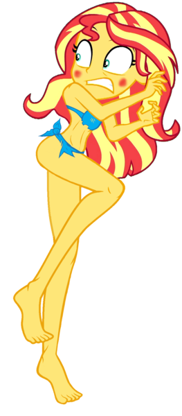 Size: 832x1896 | Tagged: questionable, sunset shimmer, equestria girls, barefoot, beautiful, belly, belly button, bikini, blushing, blushing profusely, clothes, feet, image, jungle girl, legs, loincloth, loincloth edit, png, ripping clothes, sexy, solo, stupid sexy sunset shimmer, swimsuit, tiptoe, torn clothes