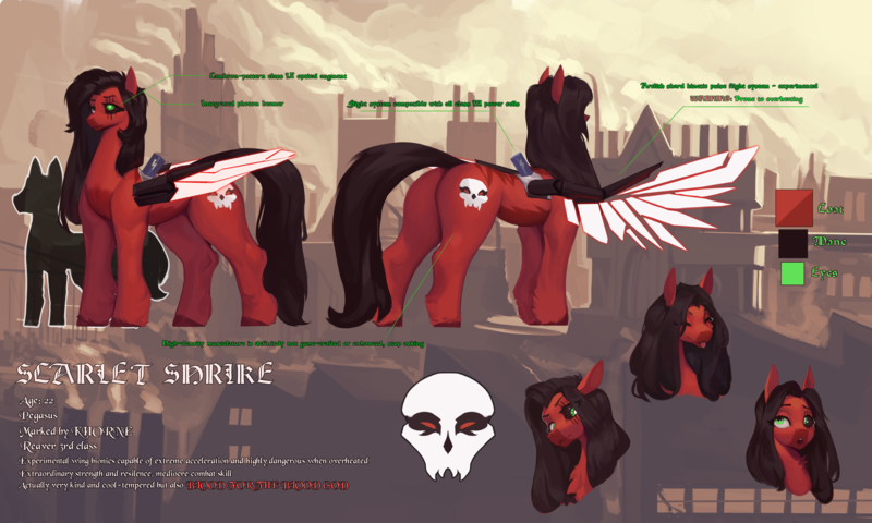 Size: 4500x2700 | Tagged: safe, artist:nsilverdraws, derpibooru import, oc, oc:scarlet shrike, unofficial characters only, cyborg, cyborg pony, pegasus, pony, fanfic:iron hearts, amputee, artificial wings, augmented, big pony, chaos, crossover, expressions, eye scar, facial scar, image, info, infographic, khorne, pegasus oc, png, prosthetic eye, prosthetic limb, prosthetic wing, prosthetics, red and black oc, reference sheet, scar, size comparison, text, warhammer (game), warhammer 40k, wings