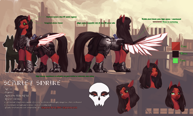 Size: 4500x2700 | Tagged: safe, artist:nsilverdraws, derpibooru import, oc, oc:scarlet shrike, unofficial characters only, cyborg, cyborg pony, pegasus, pony, fanfic:iron hearts, amputee, armor, artificial wings, augmented, big pony, chaos, commissioner:sfaccountant, expressions, eye scar, facial expressions, facial scar, hoof claws, image, infographic, information, khorne, pegasus oc, png, prosthetic eye, prosthetic limb, prosthetic wing, prosthetics, red and black oc, reference sheet, scar, size comparison, text, warhammer (game), warhammer 40k, wings