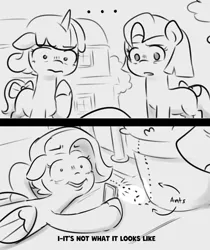 Size: 1920x2288 | Tagged: safe, artist:makaryo, derpibooru import, ant, earth pony, insect, pegasus, pony, unicorn, g5, ..., 2 panel comic, comic, dialogue, female, filly, foal, glory (g5), gray background, grayscale, horn, image, mobile phone, monochrome, peach fizz, phone, pippsqueak trio, png, seashell (g5), simple background, smartphone, trio