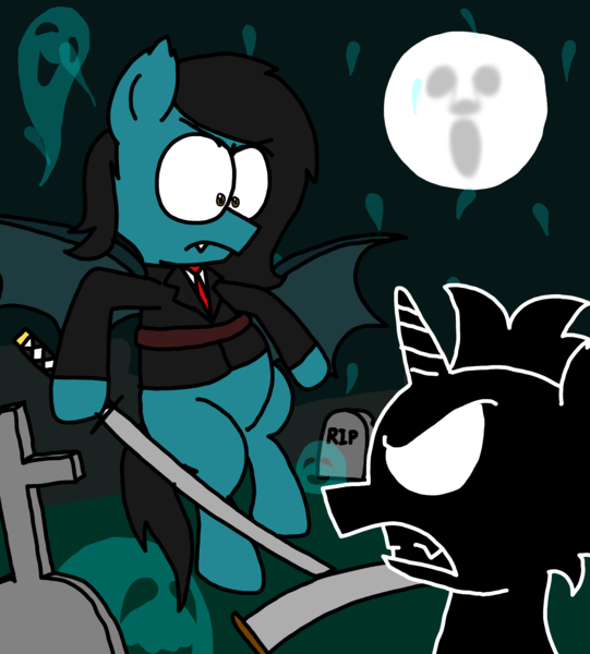 Size: 3023x3351 | Tagged: oc name needed, safe, artist:professorventurer, derpibooru import, bat pony, unicorn, combat, face, full moon, graveyard, halloween, holiday, horn, image, katana, man in the moon, moon, png, requested art, scythe, soul, sword, weapon