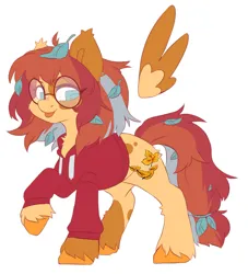 Size: 2505x2757 | Tagged: safe, artist:cheekipone, ponerpics import, oc, unofficial characters only, pegasus, pony, :p, clothes, cutie mark, female, glasses, hair tie, hoodie, image, jpeg, leaves, mare, pegasus oc, raised hoof, simple background, solo, standing, tongue out, unshorn fetlocks, white background, wings