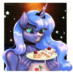 Size: 1231x1249 | Tagged: safe, artist:mdwines, ponerpics import, princess luna, anthro, breasts, cake, cherry, clothes, female, food, image, png, tongue out