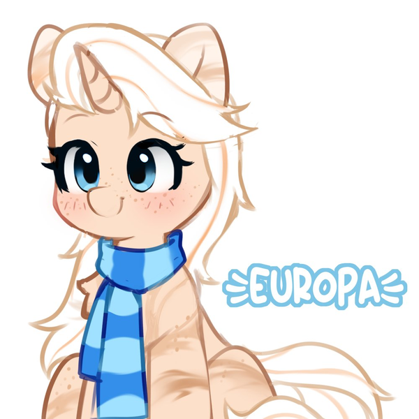 Size: 1000x1000 | Tagged: safe, artist:stablegrass, derpibooru import, oc, oc:europa, pony, unicorn, clothes, female, freckles, horn, image, mare, png, scarf, simple background, smiling, solo, unicorn oc, white background