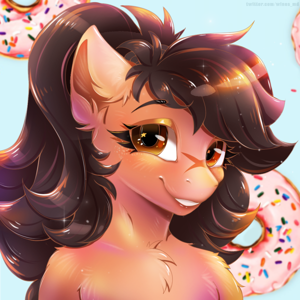 Size: 1024x1024 | Tagged: safe, artist:mdwines, ponerpics import, oc, unofficial characters only, pony, bust, chest fluff, donut, female, food, image, looking at you, png, smiling