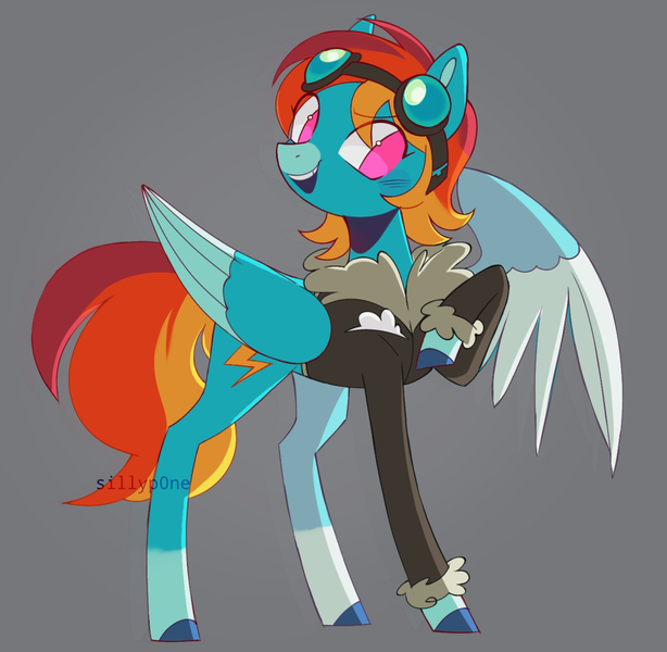 Size: 1488x1453 | Tagged: safe, artist:sillyp0ne, derpibooru import, rainbow dash, oc, pegasus, pony, g4, alternate design, bomber jacket, clothes, colored hooves, colored wings, goggles, gray background, hooves, image, jacket, one wing out, pegasus oc, png, simple background, spread wings, wings