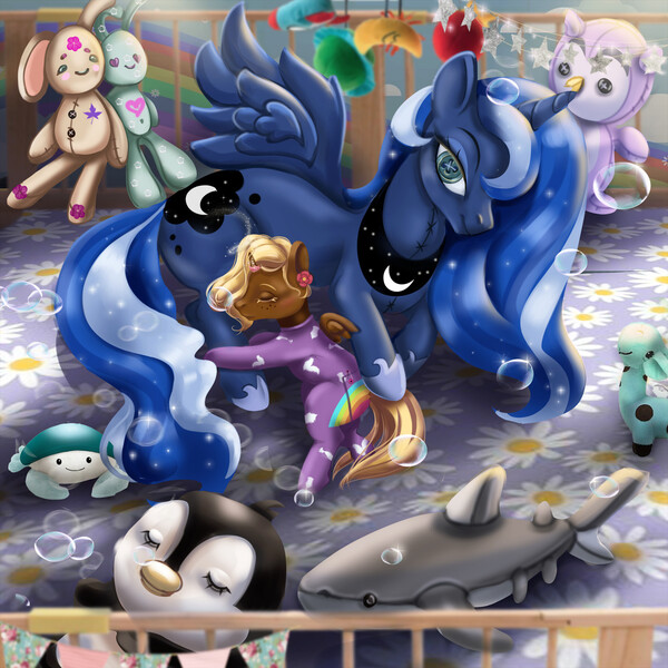 Size: 1280x1280 | Tagged: safe, artist:mdwines, ponerpics import, princess luna, oc, unofficial characters only, original species, plush pony, pony, clothes, cuddling, cute, dial, eyes closed, foal, image, jpeg, pajamas, plushie