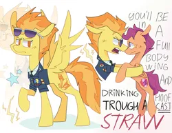 Size: 2048x1581 | Tagged: safe, artist:volchok, derpibooru import, scootaloo, spitfire, pegasus, pony, g4, clothes, duo, duo female, female, filly, foal, image, lightning, mare, military uniform, png, screaming, simple background, stars, sunglasses, sweat, uniform, white background, wonderbolts dress uniform, yelling, zoom layer