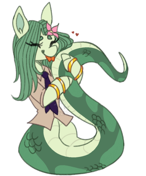 Size: 853x1030 | Tagged: safe, artist:frazy, derpibooru import, oc, oc:lamey, unofficial characters only, lamia, original species, pony, snake, snake pony, :p, bracelet, clothes, eyes closed, female, flower, flower in hair, forked tongue, gold bracelet, hug, image, jewelry, long hair, mare, necktie, png, snakepony, solo, tongue out