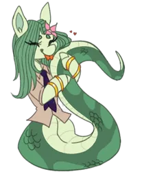 Size: 853x1030 | Tagged: safe, artist:frazy, derpibooru import, oc, oc:lamey, unofficial characters only, lamia, original species, pony, snake, snake pony, :p, bracelet, clothes, eyes closed, female, flower, flower in hair, forked tongue, gold bracelet, hug, image, jewelry, long hair, mare, necktie, png, snakepony, solo, tongue out