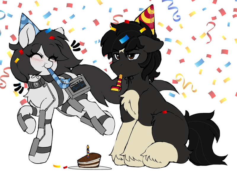 Size: 3140x2296 | Tagged: safe, artist:stablegrass, derpibooru import, oc, oc:milly, oc:stable, earth pony, pony, birthday, birthday cake, blushing, cake, candle, chest fluff, choker, coat markings, colored belly, colored hooves, confetti, duo, duo male and female, earth pony oc, emanata, exosuit, female, food, hat, heart monitor, hooves, image, male, mare, party hat, party horn, plate, png, sitting, smiling, stallion, star mark, stars