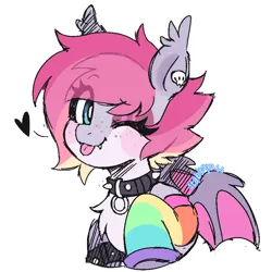 Size: 800x800 | Tagged: safe, artist:stablegrass, derpibooru import, oc, unnamed oc, unofficial characters only, bat pony, pony, bat pony oc, bat wings, bracelet, chest fluff, choker, clothes, colored sketch, ear piercing, emanata, eye clipping through hair, fangs, female, freckles, heart, image, mare, one eye closed, piercing, png, rainbow socks, simple background, sketch, skull, socks, solo, spiked wristband, striped socks, tongue out, white background, wings, wink, wristband