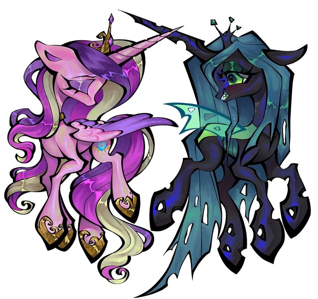 Size: 2048x1927 | Tagged: safe, artist:broniesforponies, derpibooru import, princess cadance, queen chrysalis, alicorn, changeling, changeling queen, pony, g4, duo, duo female, eyes closed, female, full body, gritted teeth, image, jpeg, mare, simple background, teeth, white background