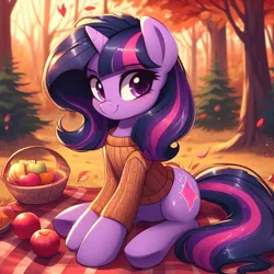 Size: 894x894 | Tagged: safe, ai content, derpibooru import, machine learning generated, stable diffusion, twilight sparkle, pony, unicorn, alternate hairstyle, apple, artificial intelligence, autumn, basket, blanket, clothes, cute, food, forest, fruit, happy, hue, huevember, image, jpeg, leaves, looking at you, nature, orange, outdoors, picnic, pretty, prompter:evergreenpinewood, sitting, smiling, sweater, tree, unicorn twilight, wrong cutie mark