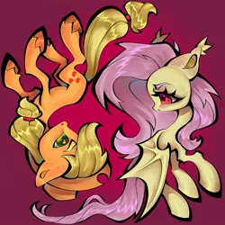 Size: 2048x2048 | Tagged: safe, artist:broniesforponies, derpibooru import, applejack, fluttershy, bat pony, earth pony, pony, g4, bat ponified, duo, duo female, female, flutterbat, full body, image, jpeg, looking at each other, looking at someone, race swap, yin-yang